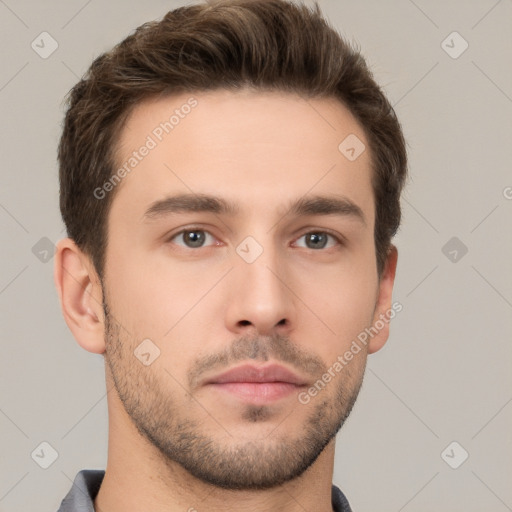 Neutral white young-adult male with short  brown hair and brown eyes