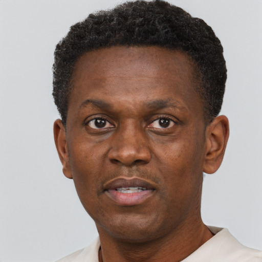 Neutral black adult male with short  brown hair and brown eyes