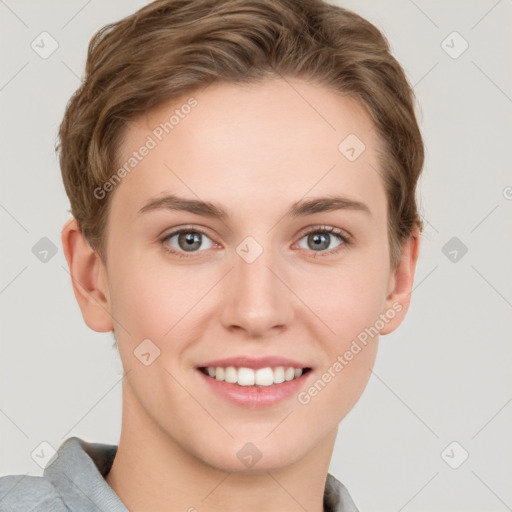 Joyful white young-adult female with short  brown hair and grey eyes