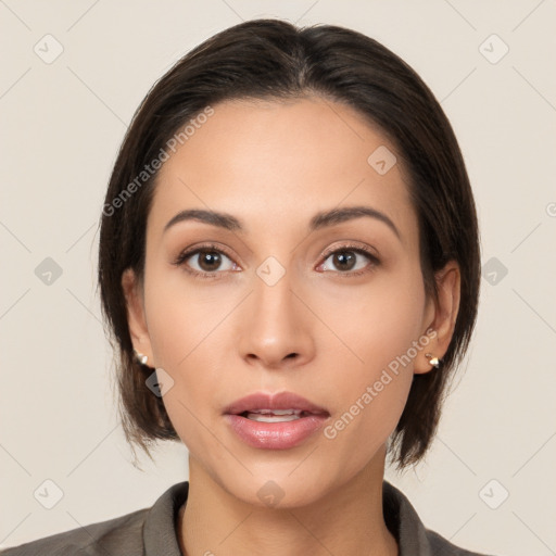 Neutral white young-adult female with medium  brown hair and brown eyes