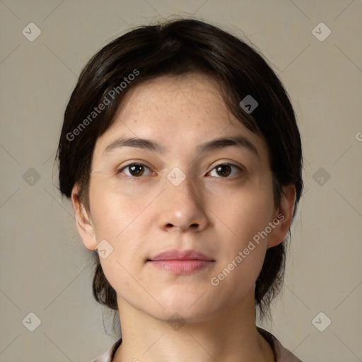 Neutral white young-adult female with medium  brown hair and brown eyes