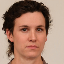 Neutral white young-adult female with short  brown hair and brown eyes