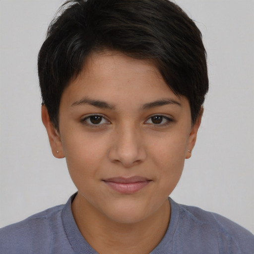 Joyful latino young-adult female with short  brown hair and brown eyes