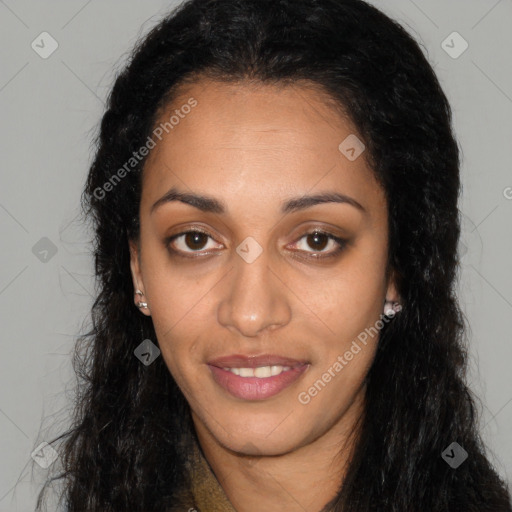 Joyful latino young-adult female with long  brown hair and brown eyes