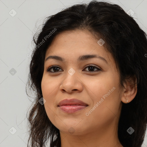 Joyful asian young-adult female with long  brown hair and brown eyes