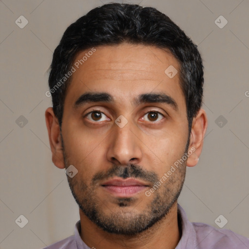 Neutral latino young-adult male with short  black hair and brown eyes
