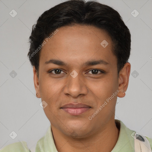 Joyful latino young-adult male with short  brown hair and brown eyes