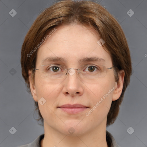 Joyful white adult female with medium  brown hair and grey eyes