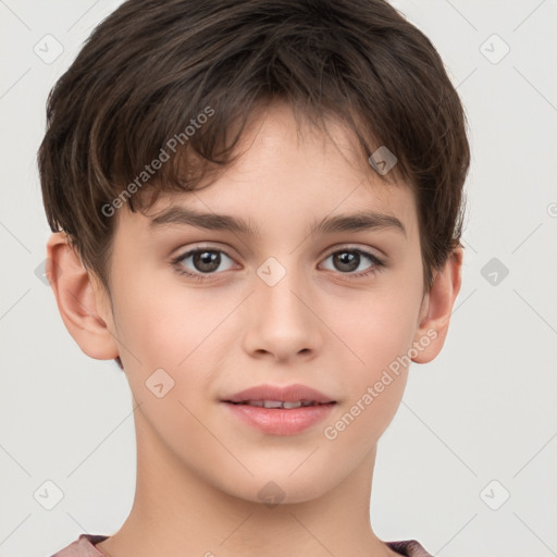 Joyful white child male with short  brown hair and brown eyes