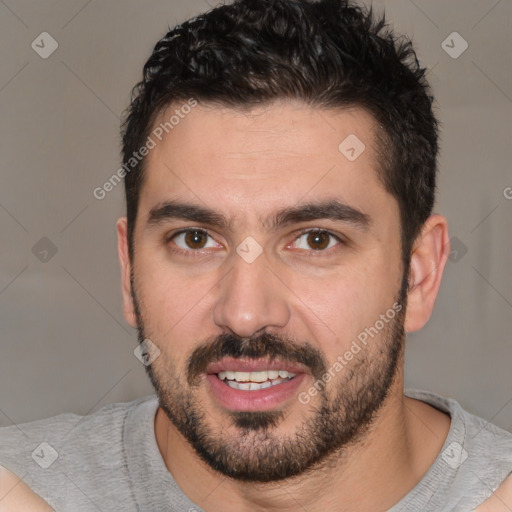 Joyful white young-adult male with short  brown hair and brown eyes