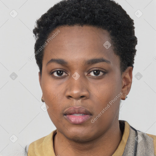 Neutral black young-adult female with short  black hair and brown eyes