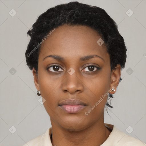 Neutral black young-adult female with short  black hair and brown eyes