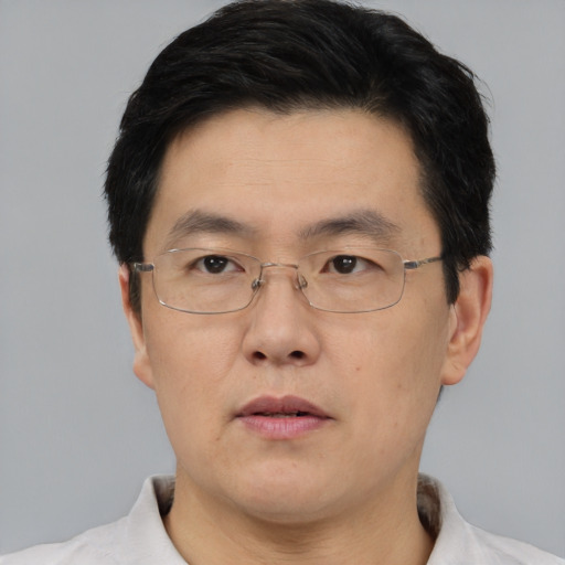 Neutral asian adult male with short  black hair and brown eyes