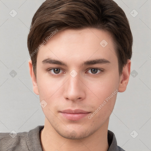 Neutral white young-adult male with short  brown hair and brown eyes