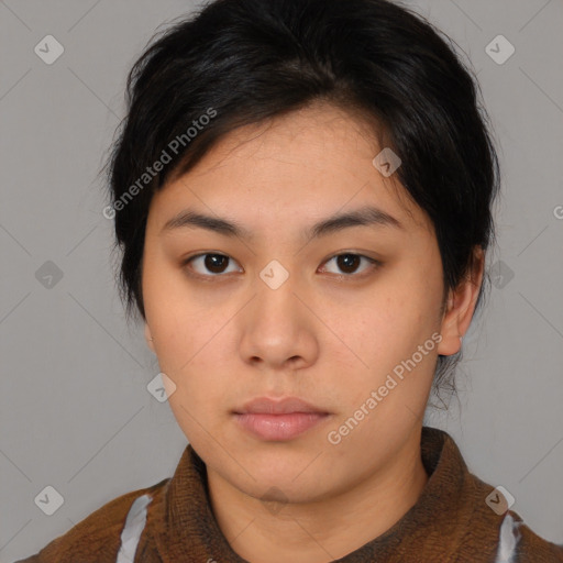 Neutral asian young-adult female with medium  brown hair and brown eyes