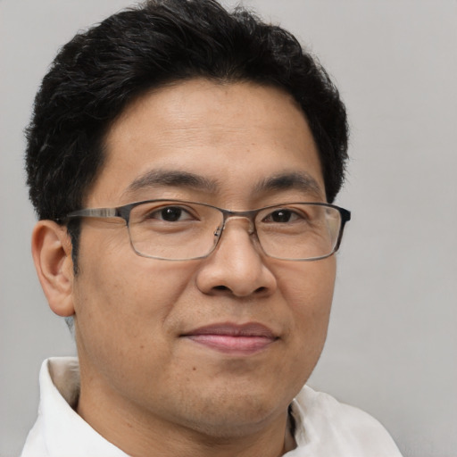Joyful asian adult male with short  brown hair and brown eyes