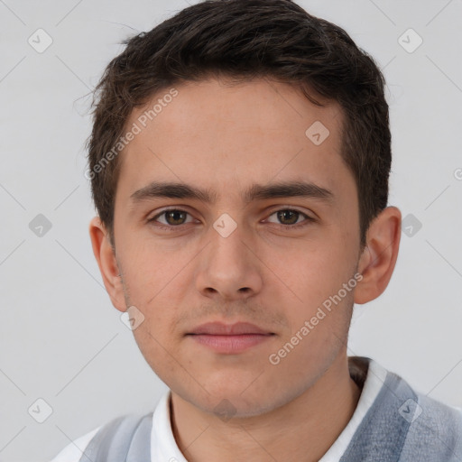 Neutral white young-adult male with short  brown hair and brown eyes