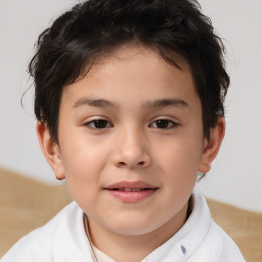 Joyful white child female with short  brown hair and brown eyes