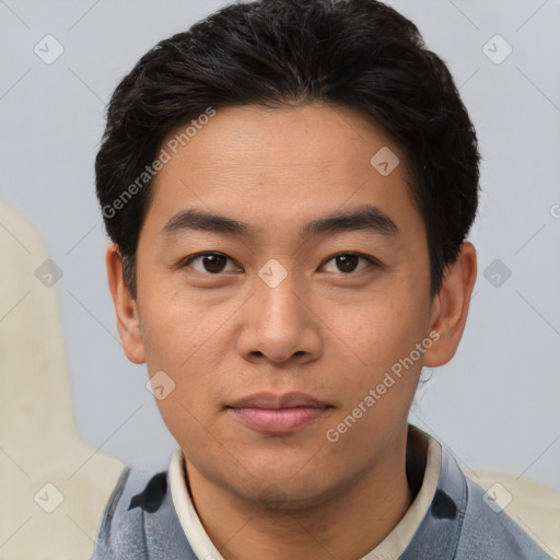 Neutral asian young-adult male with short  black hair and brown eyes