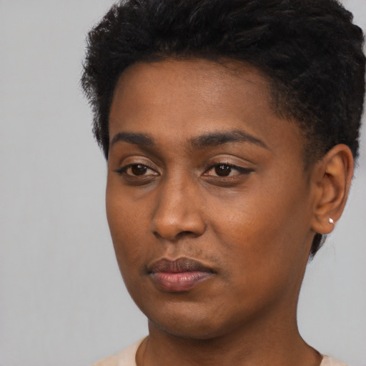 Neutral black young-adult male with short  black hair and brown eyes