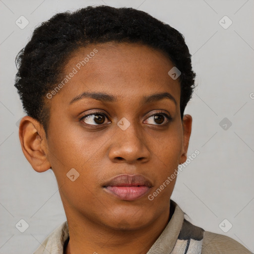 Neutral black young-adult female with short  brown hair and brown eyes
