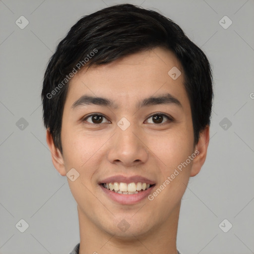 Joyful asian young-adult male with short  black hair and brown eyes