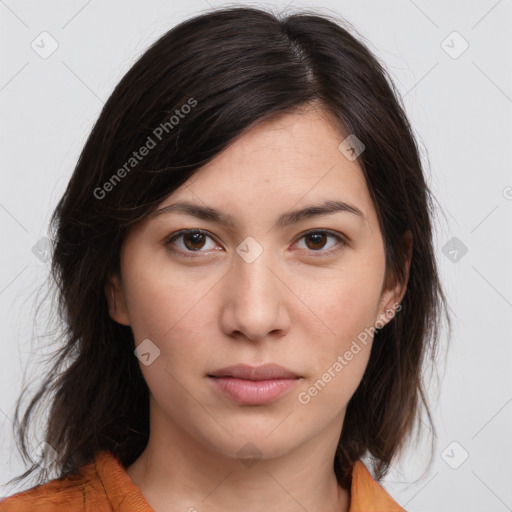 Neutral white young-adult female with medium  brown hair and brown eyes