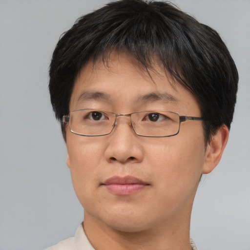 Joyful asian adult male with short  brown hair and brown eyes