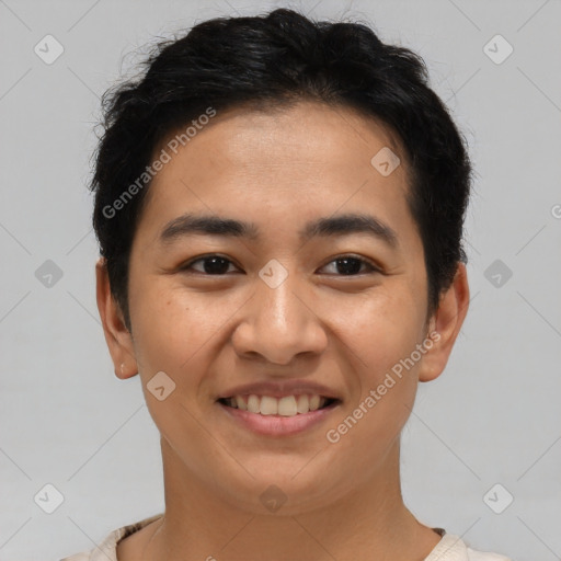 Joyful asian young-adult male with short  brown hair and brown eyes