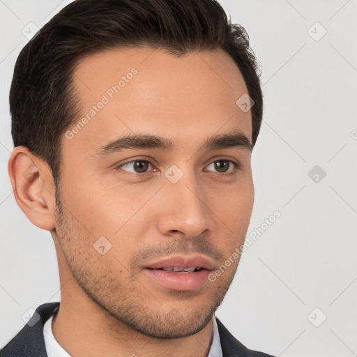 Neutral white young-adult male with short  brown hair and brown eyes