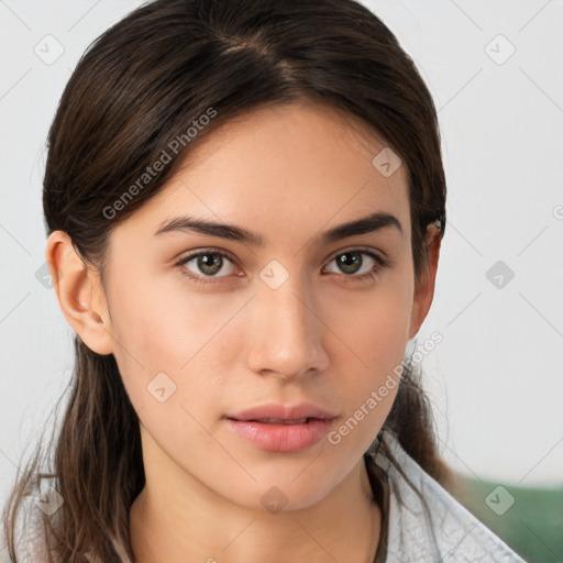 Neutral white young-adult female with medium  brown hair and brown eyes