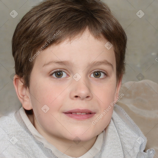 Joyful white child female with short  brown hair and brown eyes