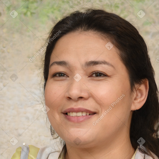 Joyful white adult female with medium  brown hair and brown eyes