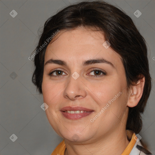 Joyful white young-adult female with medium  brown hair and brown eyes