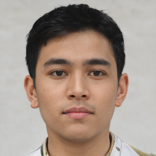 Neutral asian young-adult male with short  black hair and brown eyes