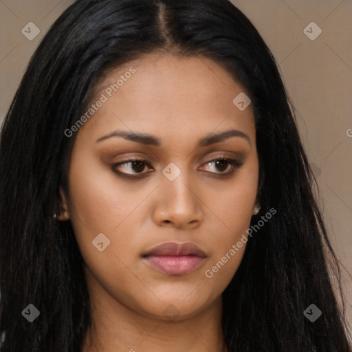 Neutral asian young-adult female with long  black hair and brown eyes