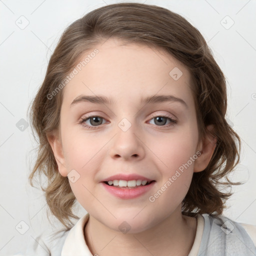 Joyful white child female with medium  brown hair and grey eyes