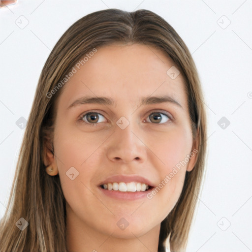 Joyful white young-adult female with long  brown hair and grey eyes