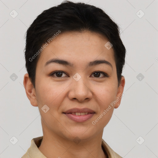 Joyful asian young-adult female with short  brown hair and brown eyes