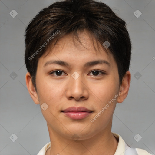 Joyful asian young-adult female with short  brown hair and brown eyes