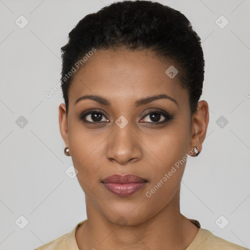 Joyful latino young-adult female with short  black hair and brown eyes