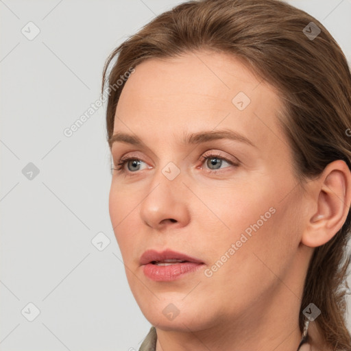 Neutral white young-adult female with long  brown hair and grey eyes