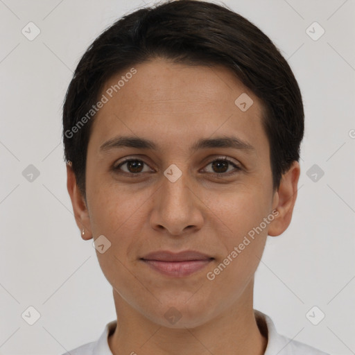 Joyful white young-adult female with short  brown hair and brown eyes