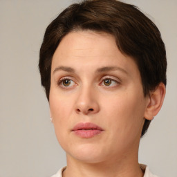 Neutral white young-adult female with short  brown hair and brown eyes