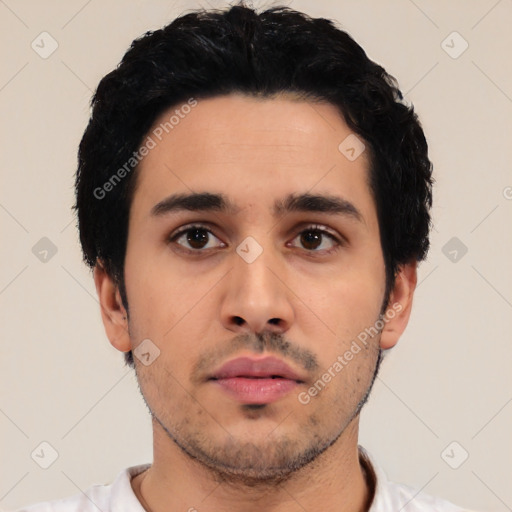 Neutral latino young-adult male with short  black hair and brown eyes
