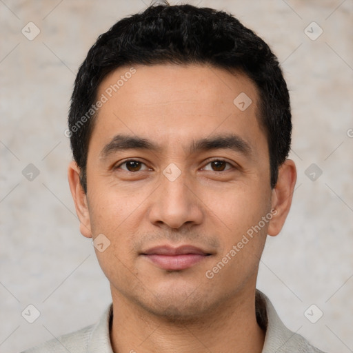 Neutral latino young-adult male with short  black hair and brown eyes