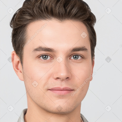 Neutral white young-adult male with short  brown hair and brown eyes