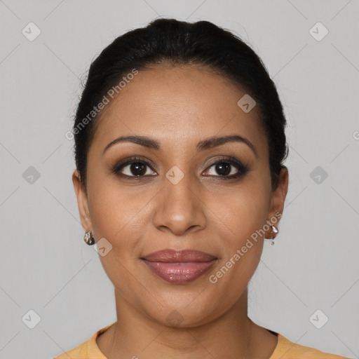 Joyful latino young-adult female with short  brown hair and brown eyes