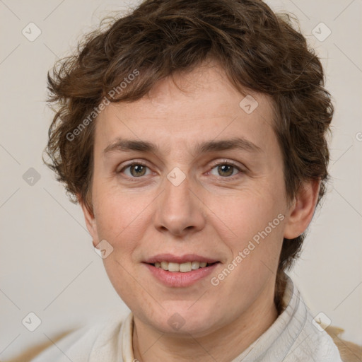 Joyful white adult female with short  brown hair and brown eyes