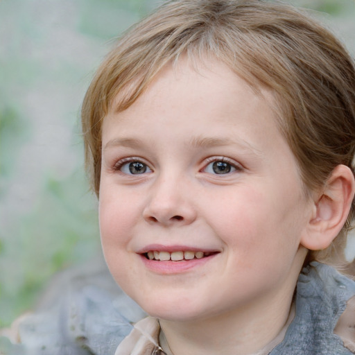 Joyful white child female with medium  brown hair and blue eyes